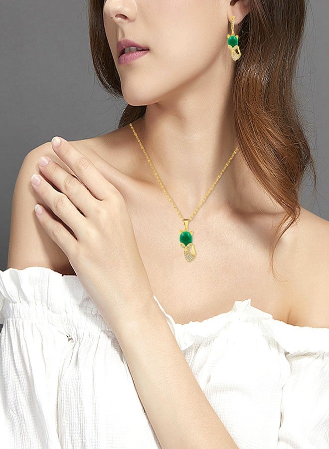 Tobestu Green Jade Fox Necklace and Earrings Set Gold Plated, Cute Fox Pendant Lovely Animal Jewelry Valentines Gifts for Women Y4447 (Simulated Jade) - Image 2